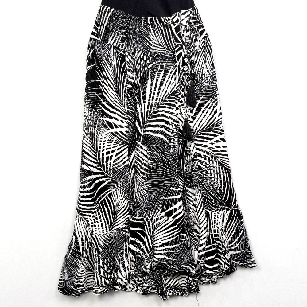Rachel Zoe Black White Palm Leaf Print Smocked Maxi Skirt Small Boho Tassel Side